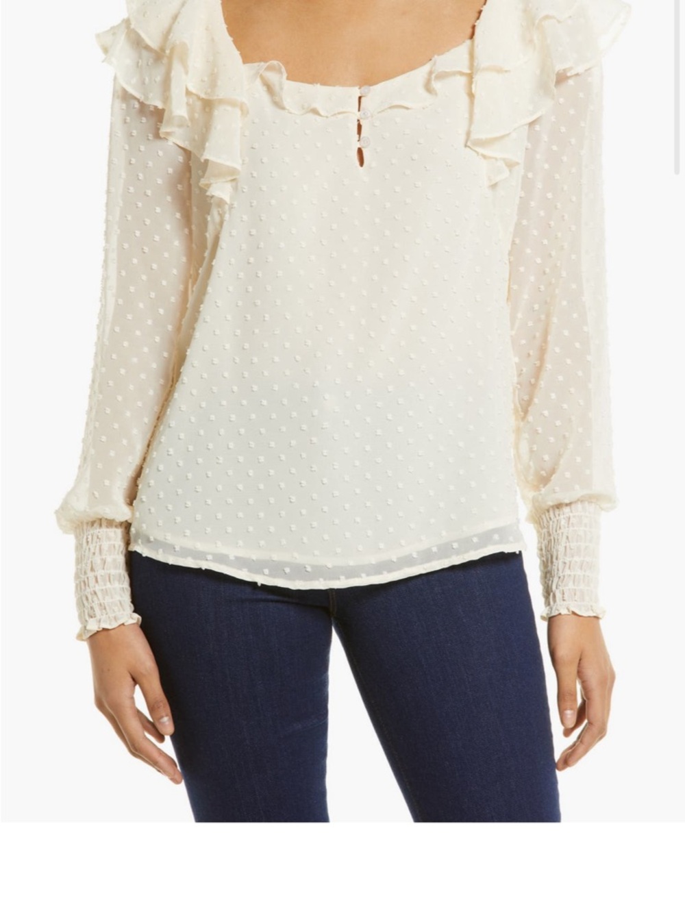 Halogen Cream Swiss Dot Ruffle Blouse